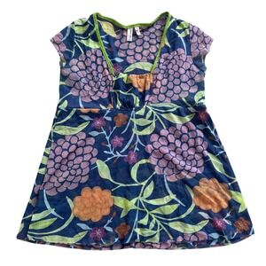 Sweet Pea by Stacy Frati Mesh Floral Empire Waist Top Blue Purple Green Size S